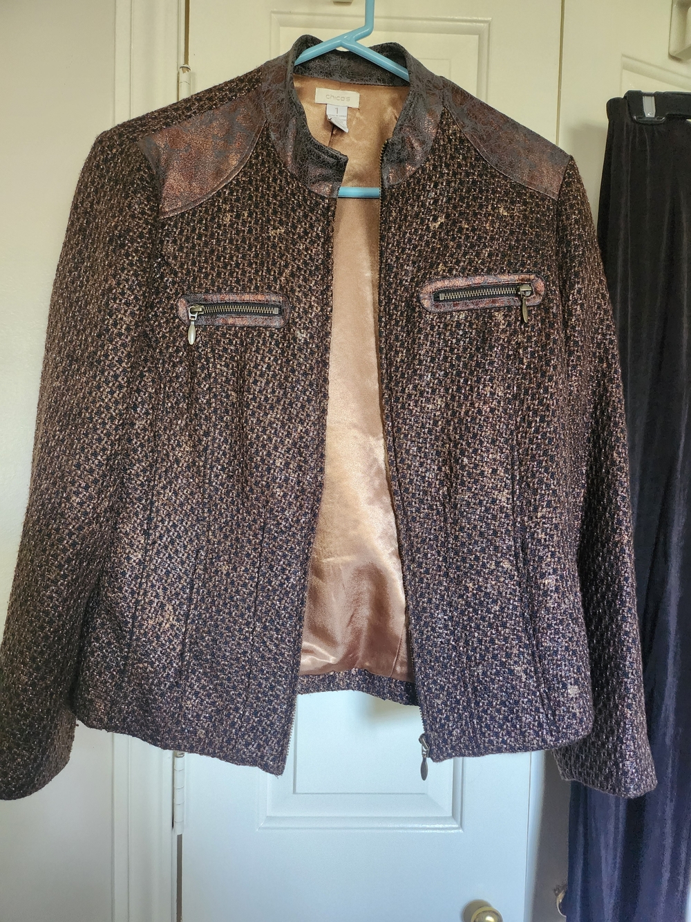 Chico's Brown Metallic Tweed Zip-Front Blazer